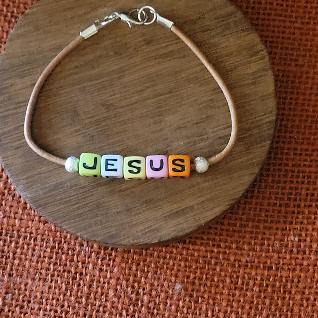 Brown Leather Cord With Jesus Letter Beads.